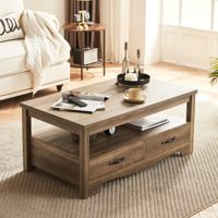 Table basse en bois de style farmhouse chic pour la maison, avec tiroirs de rangement, espace d'exposition ouvert, poignées métalliques, base incurvée, marron