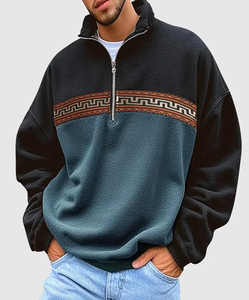 Sudadera de cuello alto con patrón geométrico para hombre, estilo pijo, forro polar elástico ligero, ajuste holgado con detalle de trenza - Product Image 1