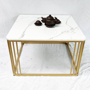 Modern Farmhouse Style Square <b>Coffee</b> <b>Table</b> 70x70x45cm Durable Stone Top Gold-Painted Frame Living Room Furniture <b>Set</b>-TT68173 - Product Image 3