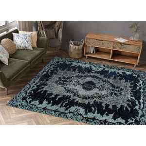 พรมขนสัตว์สีน้ำเงินลายปะติดปะต่อ สไตล์เปอร์เซียแบบดั้งเดิม ตกแต่งแบบตุรกี เป็นมิตรกับสิ่งแวดล้อม พิมพ์ลายและมีแผ่นรองยางลาเท็กซ์ - Product Image 1