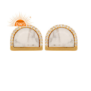 Meilleure vente de boucles d'oreilles en argent sterling plaqué or 18 carats avec pierres précieuses Cz et Howlite naturelles Fabricant de bijoux personnalisé - Product Image 1