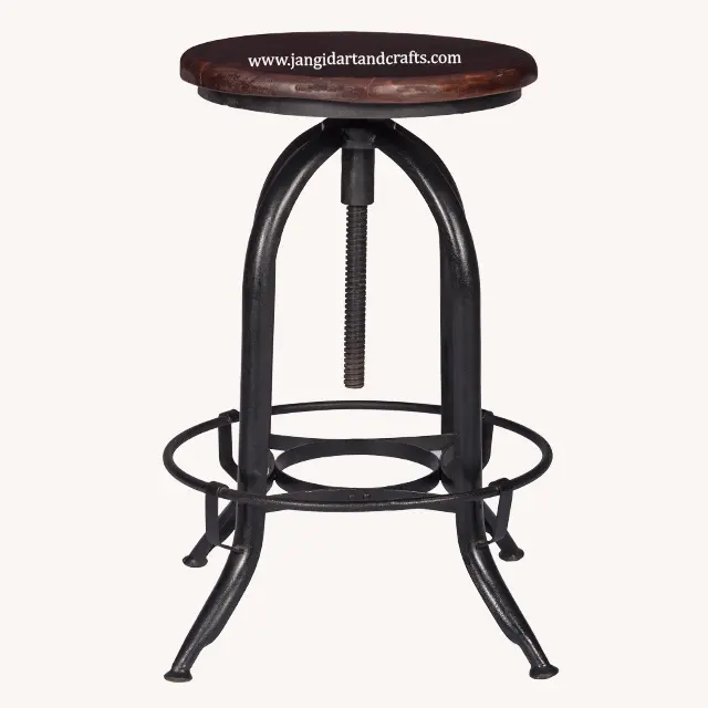 Hot sell industrial bar stool iron frame wood top revolving height adjustable stool hotel and restaurant bar kitchen stool