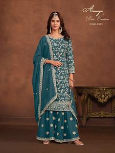 Último diseñador Faux Georgette bordado secuencia trabajo Sharara traje indio y paquistaní ropa por Fab Zone - Product Image 3