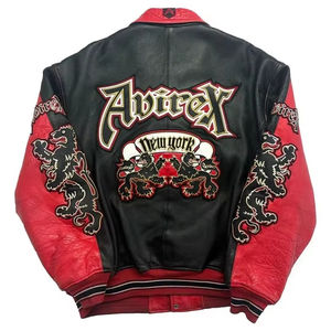 Veste universitaire unisexe en cuir véritable de mouton de haute qualité, style décontracté d'hiver, rouge et noir, col rond, fermeture éclair, en laine et cuir - Product Image 3