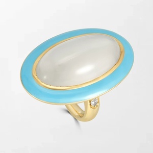 Serene <b>Moonstone</b> Enamel <b>Ring</b> With 2 Oval Cut Lab Grown Diamonds 0.08 Carat EF-VVS In 18K Yellow Gold Festive Gifting Occasion - Product Image 3