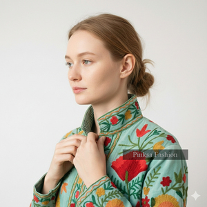 Veste universitaire en velours brodé floral bohème, anti-rides, écologique, coupe-vent, respirante, col rond, style Suzani, pour l'hiver et l'automne - Product Image 3