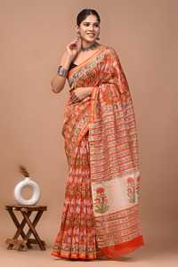 Sari en soie Chanderi pure imprimé à la main avec pièce de blouse – Sari élégant en soie Chanderi pure – Vêtement ethnique imprimé à la main - Product Image 2