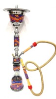 Ensemble de chicha Farida de luxe, artistique, en nacre, rouge, bleu, plaqué or, décoré de laque, en acier inoxydable, avec vase en verre - Shisha égyptienne
