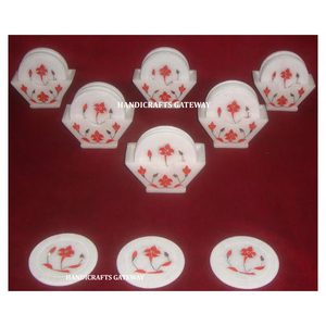High Quality Top Level Handmade Flower Design Pure White Marble Inlaid Round Shape Tea <b>Coaster</b> Set For Home And Hotel Decoration - Product Image 1