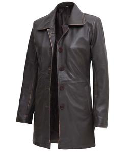 Manteau de voiture en cuir marron foncé pour femme, entièrement personnalisé, avec large col sherpa et boutons, deux poches extérieures - Product Image 5