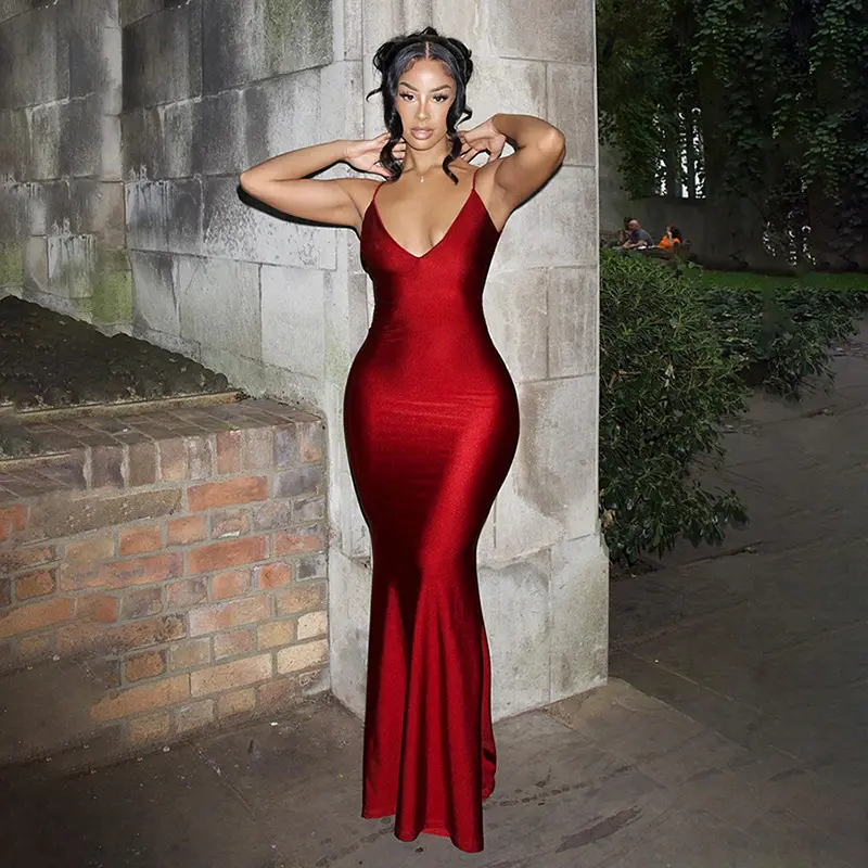 SFYMK89 High Quality Women'S Dress Luxury Halter Halter Sleeveless Strapless Dress Mature Women Sexy Slim-Fit Red Evening Gown