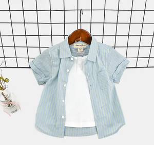 Conjunto de dos piezas de camisa de solapa de manga corta para niños a rayas transpirables de algodón informal para niños - Product Image 1