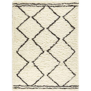 Tapis en laine shaggy fait main pour salon et chambre à coucher, motif abstrait crème et noir - Product Image 1