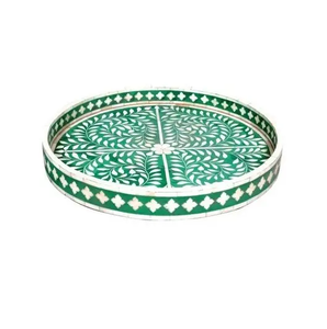 Plateau de service en bois incrusté d'os vert fait à la main plateau de table rectangulaire décoratif avec poignées à motif floral pour la décoration intérieure - Product Image 5