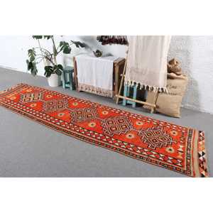 2.5x10.6 ft Turkish Rug, Vintage <b>Runner</b> Rug, <b>Red</b> Brown Oriental Wool Rug - Product Image 2