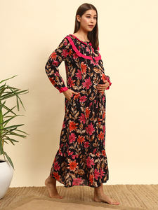 Chemise de nuit longue en dentelle victorienne 100% coton pour femmes, manches longues, longueur totale, motif floral respirant, imprimé sur le col - Product Image 3