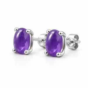 Amethyst Cabochon Oval Cut <b>Stud</b> Earrings Children's Party Gift Wholesale Trendy Wedding Rhodium-Plated Sterling <b>Silver</b> - Product Image 2