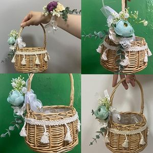 2 cestas de flores de mimbre de macramé amarillo para decoración de boda o jardín con flores de seda - Product Image 2