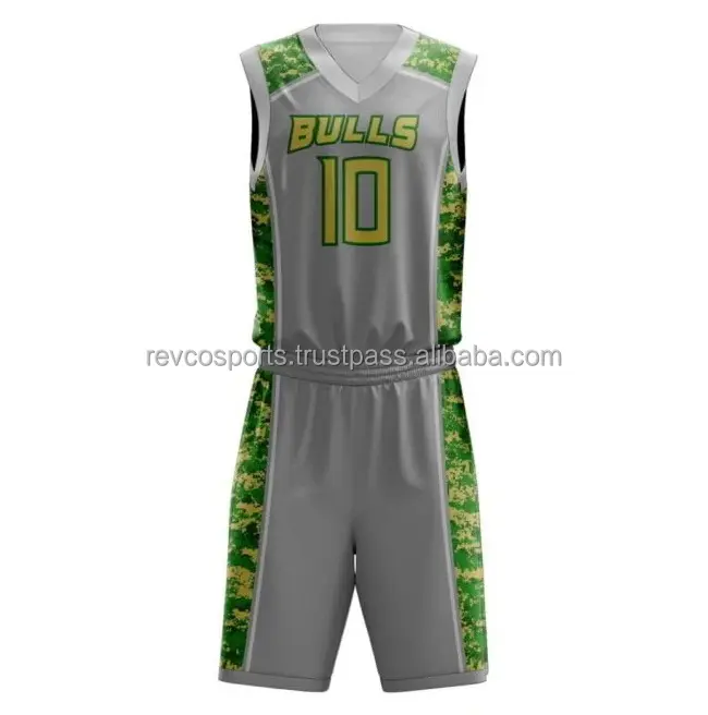 Takım logosu ile spor ekibi toptan basketbol üniforması takım erkekler yetişkin gümüş gri yan yeşil Camo tasarım basketbol üniforması