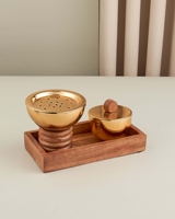 Ensemble de brûleur à encens en or et argent de luxe avec base et plateau en bois, encensoir en métal Bakhoor, bol à Oud pour la décoration de la maison et de la table, utilisation du Ramadan