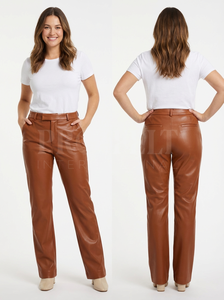 Pantalon en cuir d'agneau noir à coupe décontractée pour femmes, poignets élastiques, jambe droite minimaliste, vêtements de bureau, pantalon en cuir - Product Image 5
