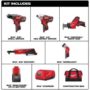 Kit combiné sans fil 12V à 5 outils avec LED 3/8 po. Perceuse/visseuse 1/4 po. Perceuse à percussion hexagonale Hackzall, scie sauteuse 3/8 po. Batterie Ratchet - Product Image 6
