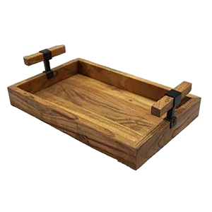Bandeja de madera con forma de rectángulo hecha a mano en el extranjero del mundo antiguo con mango de metal Calidad estándar para hotel y restaurante - Product Image 4