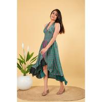 Robe mi-longue vintage en soie pour femme, dos nu, col en V, coupe trapèze, taille élastique, pour soirée d'été, smockée, tissée et lavable