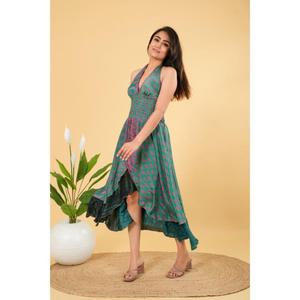 Robe midi en soie dos nu vintage pour femmes tenue de soirée d'été avec smocks tissés et lavables - Product Image 3