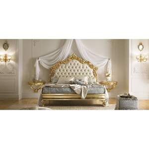 Cadre de lit de Style classique en bois massif, sculpture de cadre de lit avec un Design luxueux de couleur or pour les meubles de chambre à coucher - Product Image 1