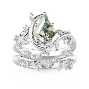 Anillo de compromiso Jeulia Leaf Kite Cut con ágata musgosa en plata de ley - Product Image 1