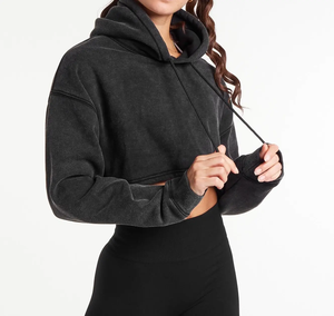 Ladies Cropped Hoodie Long Sleeve Drop Shoulders Hoodies Oversized <b>Jumper</b> Women Acid Wash Crop Hoodies - Product Image 1