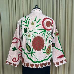 Boho Chic Retro Chic Women's Free Size <b>Jacket</b> Hand Embroidered <b>White</b> Floral Velvet Suzani Open Front Winter Coat with Robe Style - Product Image 2