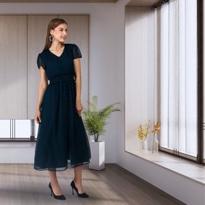 Robe midi occidentale classique avec tenue élégante et manches bouffantes courtes pour femme, à porter pour les fêtes et au quotidien, provenant d'un fournisseur indien - Product Image 4