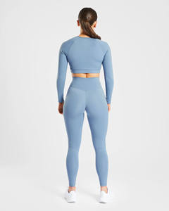 Vente en gros logo personnalisé taille haute bleu ardoise Leggings agrafés avec dos en forme de V taille élastique Gym Workout Yoga Leggings pour les femmes - Product Image 4