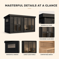 Sauna extérieur moderne PLOUTARA, cabane en bois à toit plat noir, porte en verre, grandes baies vitrées latérales, OEM Villa Resort Spa