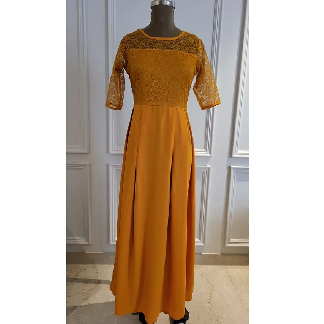 Yellow crepe maxi dress For Women 2022 New Collection Of Trending Casual Dresses Floor Length In Cheap Price
