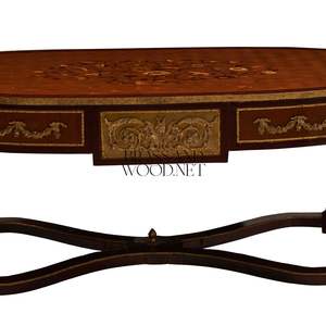 Mesa de Centro Ovalada de Lujo con Incrustaciones Florales de Madera y Adornos de Latón Dorado Antiguo para Decoración Clásica de Sala de Estar - Product Image 2