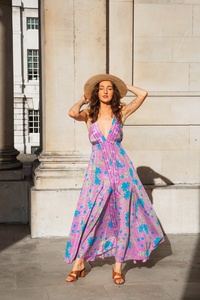 Boho Summer Maxi <b>Dress</b> with Adjustable Straps Frilled V Neckline 100% <b>Silk</b> A-Line Silhouette Vintage Green Brown Blue Print - Product Image 2