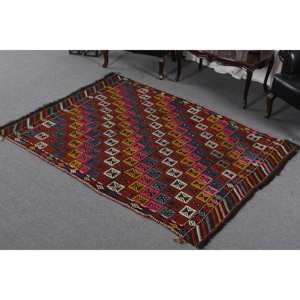 Tapis Kilim en laine rouge traditionnelle 5.2x6.8 pieds grande surface zone Rectangle turc Patchwork motif de couloir abstrait 10mm Latex - Product Image 2