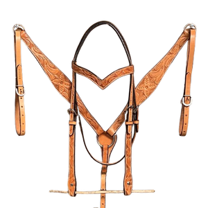 Conjunto de arreos western de cuero ligero con adornos florales, cabezada, pechera y brida a juego, hecho a mano, para caballo completo/mediano - Product Image 2