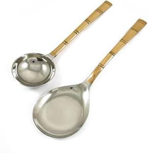 Ensemble cuillère fourchette en laiton vintage avec poignée en bambou couverts écologiques pour le dîner pour les cadeaux - Product Image 1