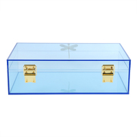 Boîte de rangement en acrylique transparent bleu avec décorations de libellules dorées pour la décoration de la maison, les cadeaux et l'affichage de luxe