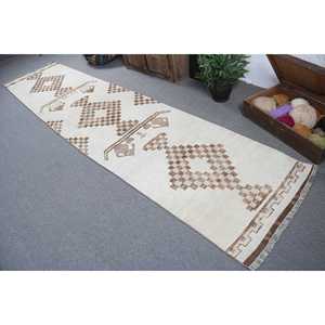 Alfombra Vintage Herki, Alfombra Turca de 2.7x12.6 pies, Alfombra de Lana Blanca con Diseño Floral - Product Image 4