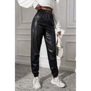 Pantalones de cuero Kadin Yuksek Bel Lastikli onu Dugmeli, 38519 - Negro - Product Image 3