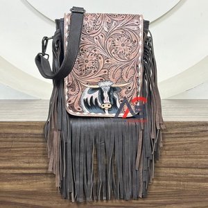 Nuevo Bolso Bandolera Cruzado de Cuero Vacuno Repujado a Mano con Flecos, Elegante y Moderno Estilo Occidental, Bolso de Hombro para Mujer - Product Image 1