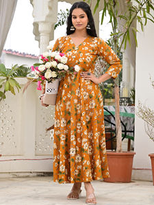 Robe mi-mollet décontractée pour femme, en coton 100 %, à imprimé floral orange, col en V, manches trois quarts, coupe trapèze - Product Image 6