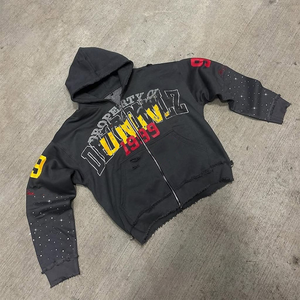 Sweat à capuche zippé personnalisé avec strass 400gsm Sweats à capuche graphiques pour hommes Pantalon de survêtement unisexe à capuche rose avec strass Fabricant - Product Image 4