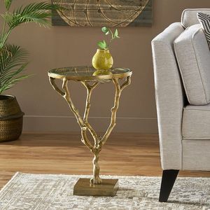 Mesa de centro con marco de aluminio detallado a mano con motivos florales botánicos y elegante tapa de cristal ideal para espacios interiores - Product Image 6