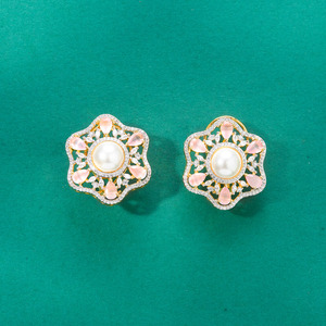 Venta al por mayor 2-Tone Plated CZ Pearl Dangle Pendientes Joyería artificial de moda de la India - Product Image 3